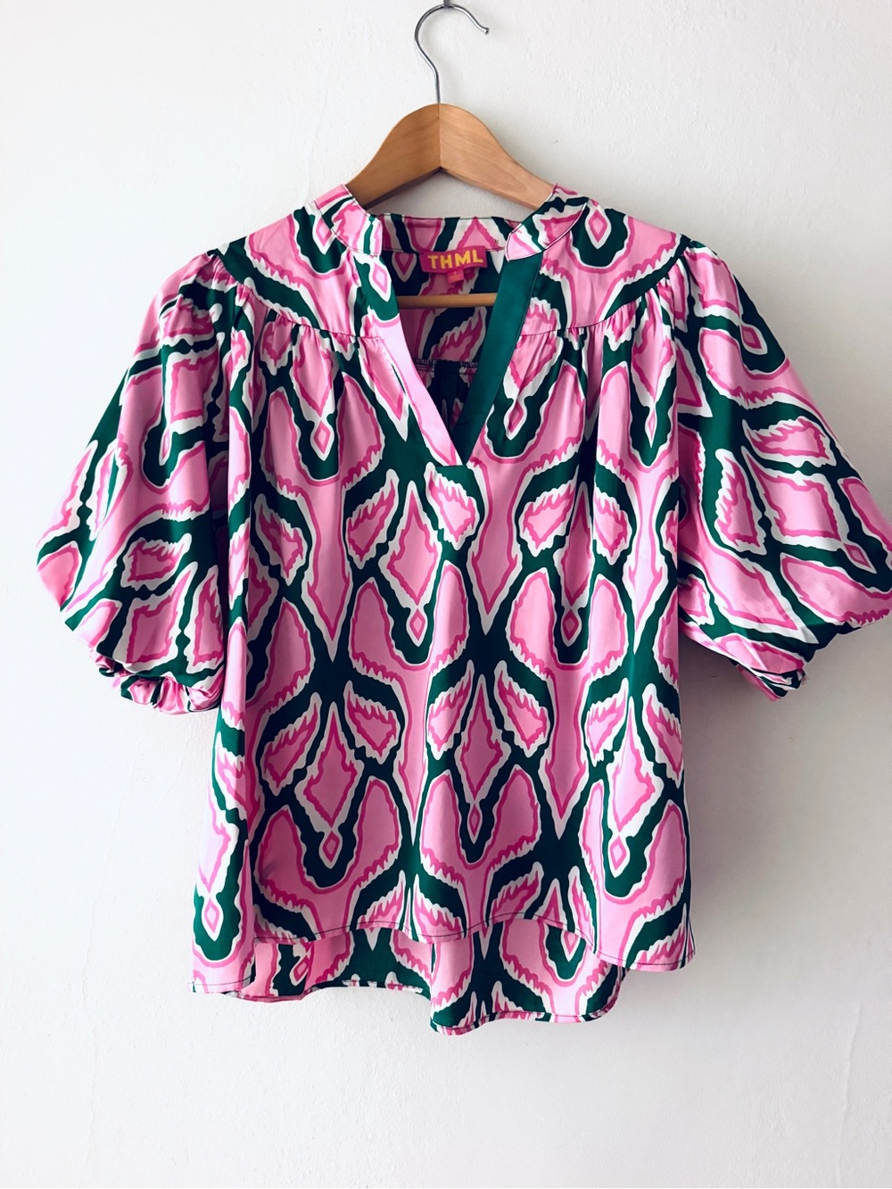 THML Pink & Green Abstract Puff Sleeve Top